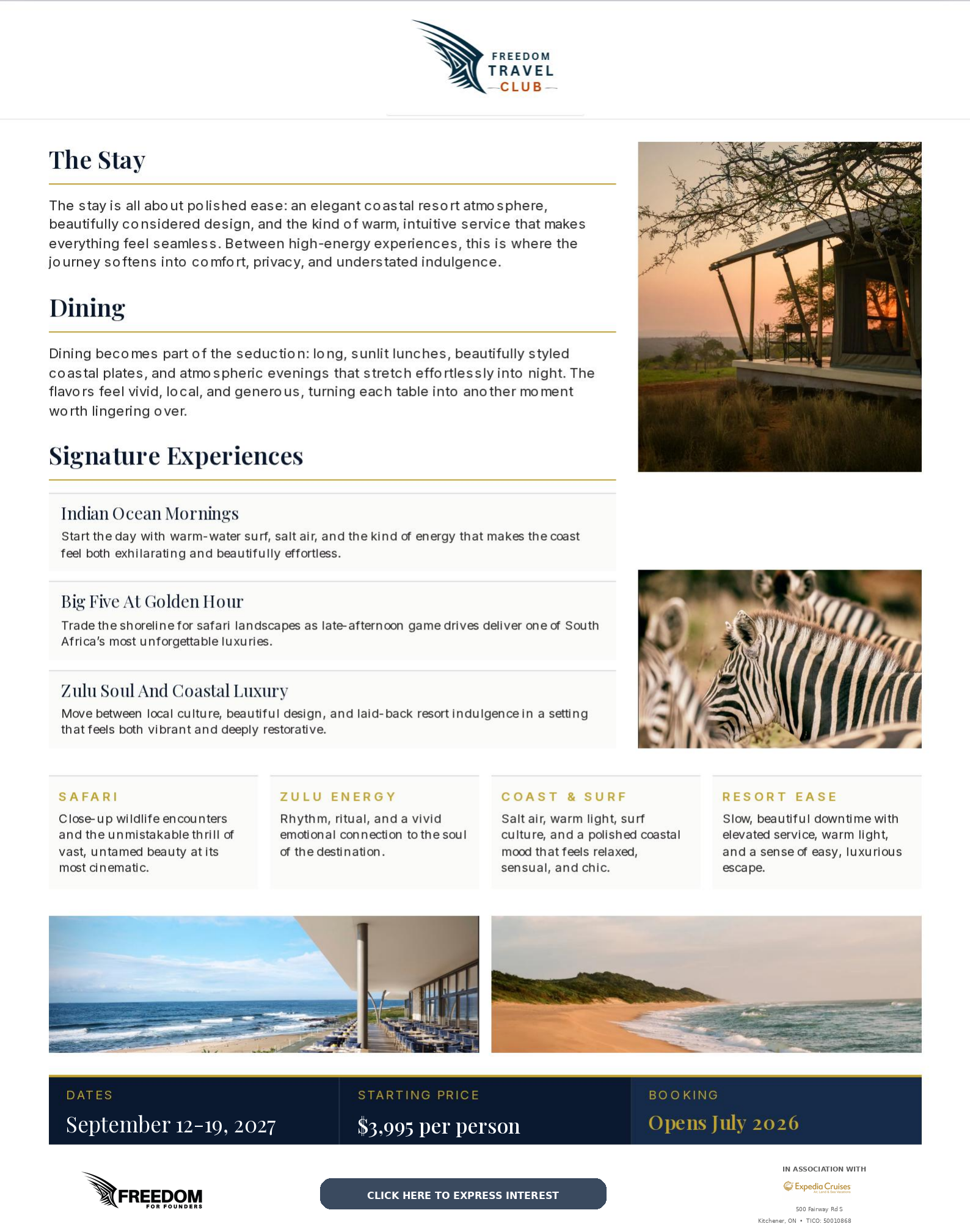 Club Med South Africa founder safari trip flyer, page 2, with booking link