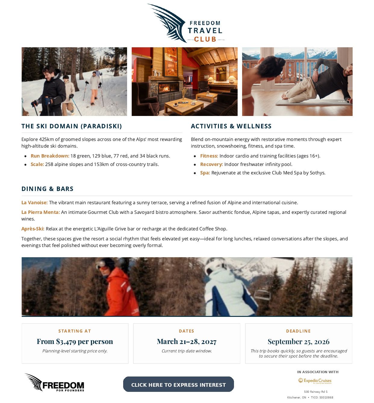Club Med Peisey-Vallandry founder ski trip flyer, page 2, with booking link